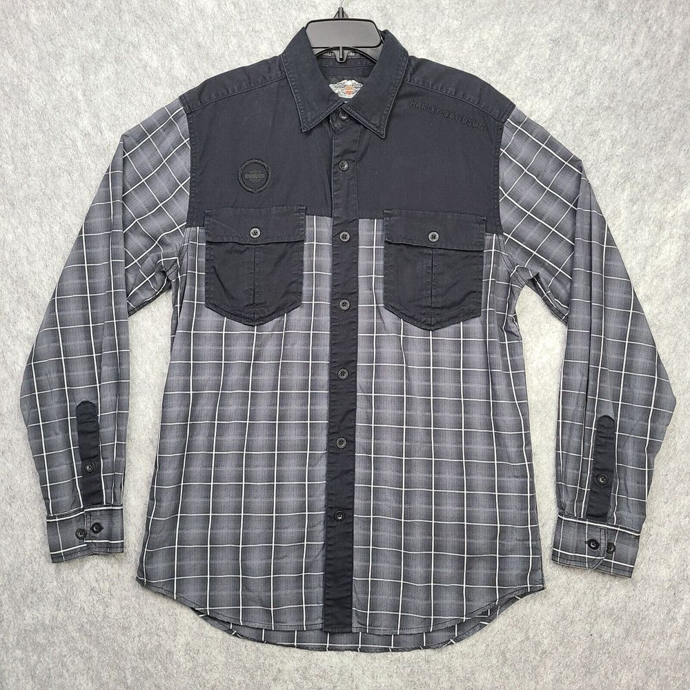 Harley Davidson Shirt Men's Sz M Colorblocked Black Grey Plaid‎ Embroidered